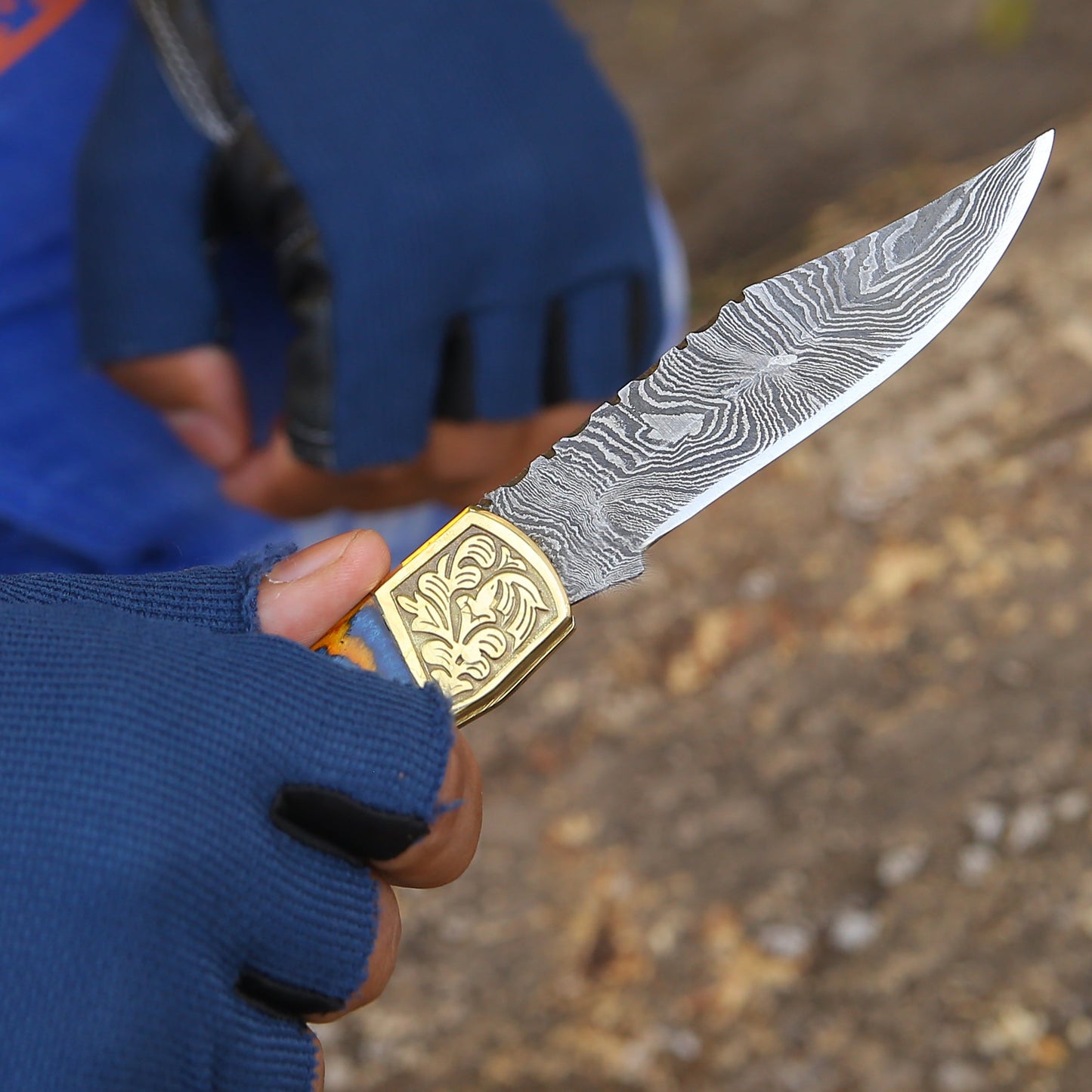 Thundersteel Handmade Damascus EDC Folding Knife with Leather Sheath & Pakkawood Handle