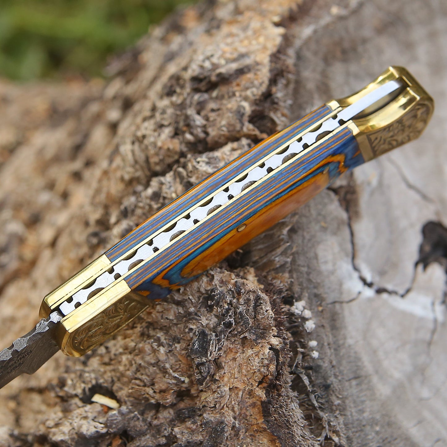 Thundersteel Handmade Damascus EDC Folding Knife with Leather Sheath & Pakkawood Handle