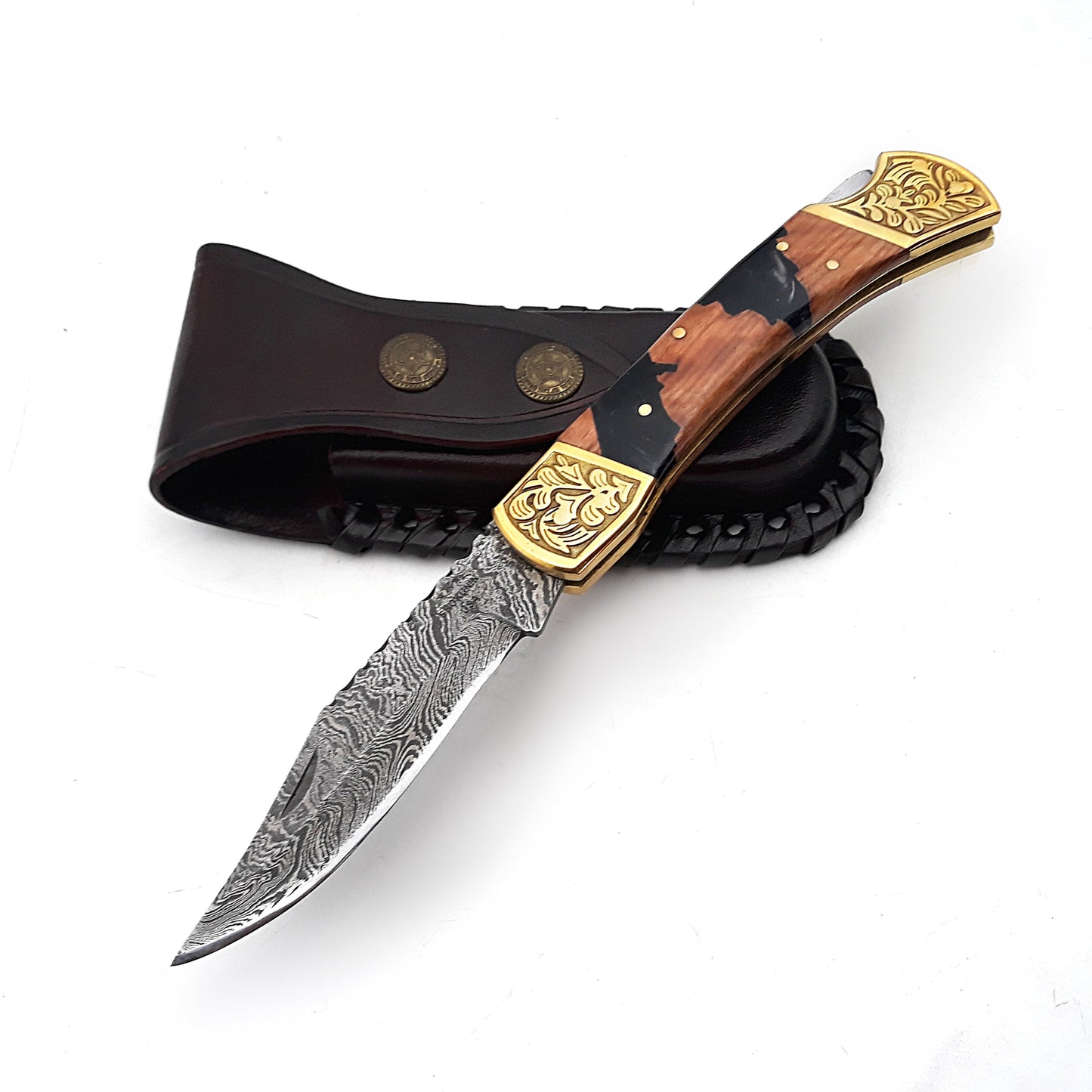 Goldenbolt Handmade Damascus EDC Knife with Leather Sheath & Olive Wood Handle