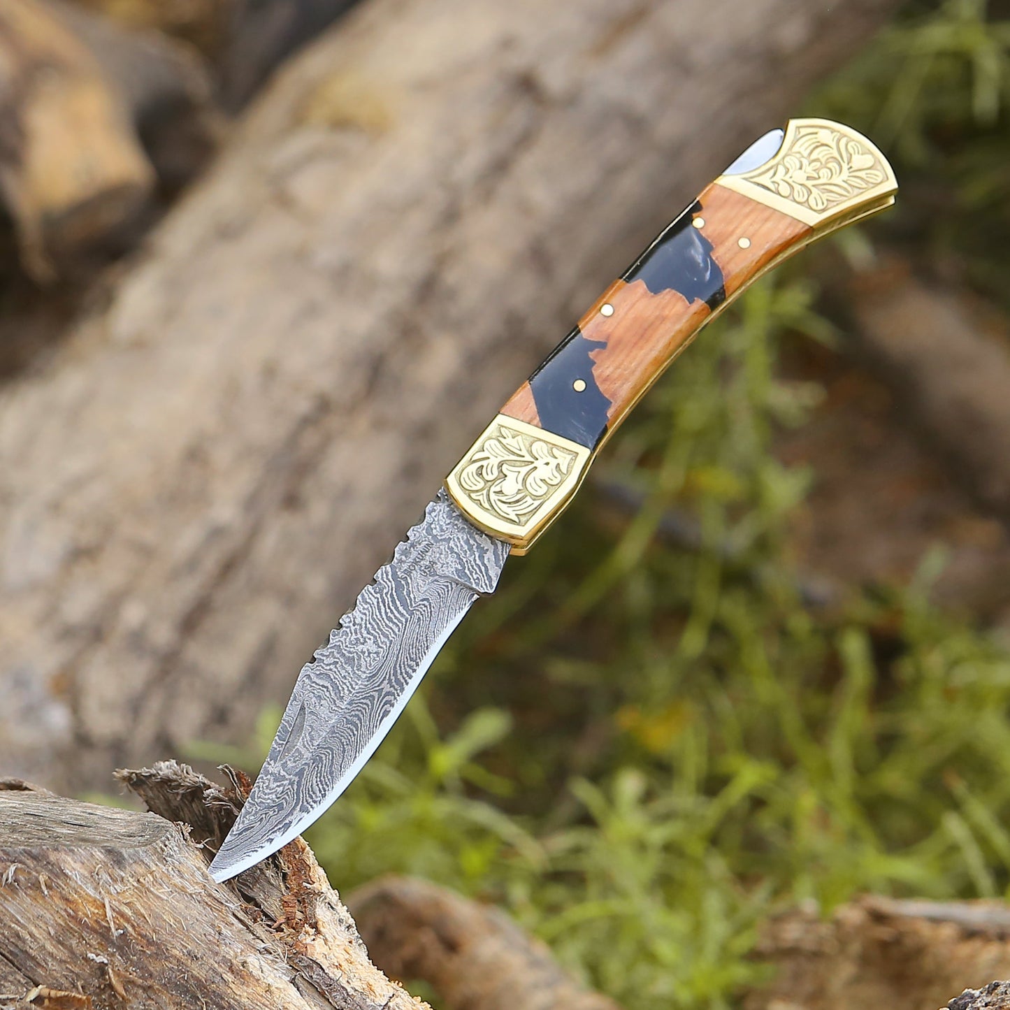 Goldenbolt Handmade Damascus EDC Knife with Leather Sheath & Olive Wood Handle