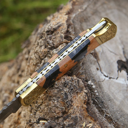 Goldenbolt Handmade Damascus EDC Knife with Leather Sheath & Olive Wood Handle