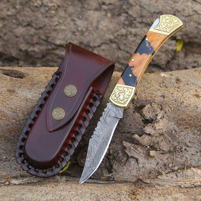 Goldenbolt Handmade Damascus EDC Knife with Leather Sheath & Olive Wood Handle