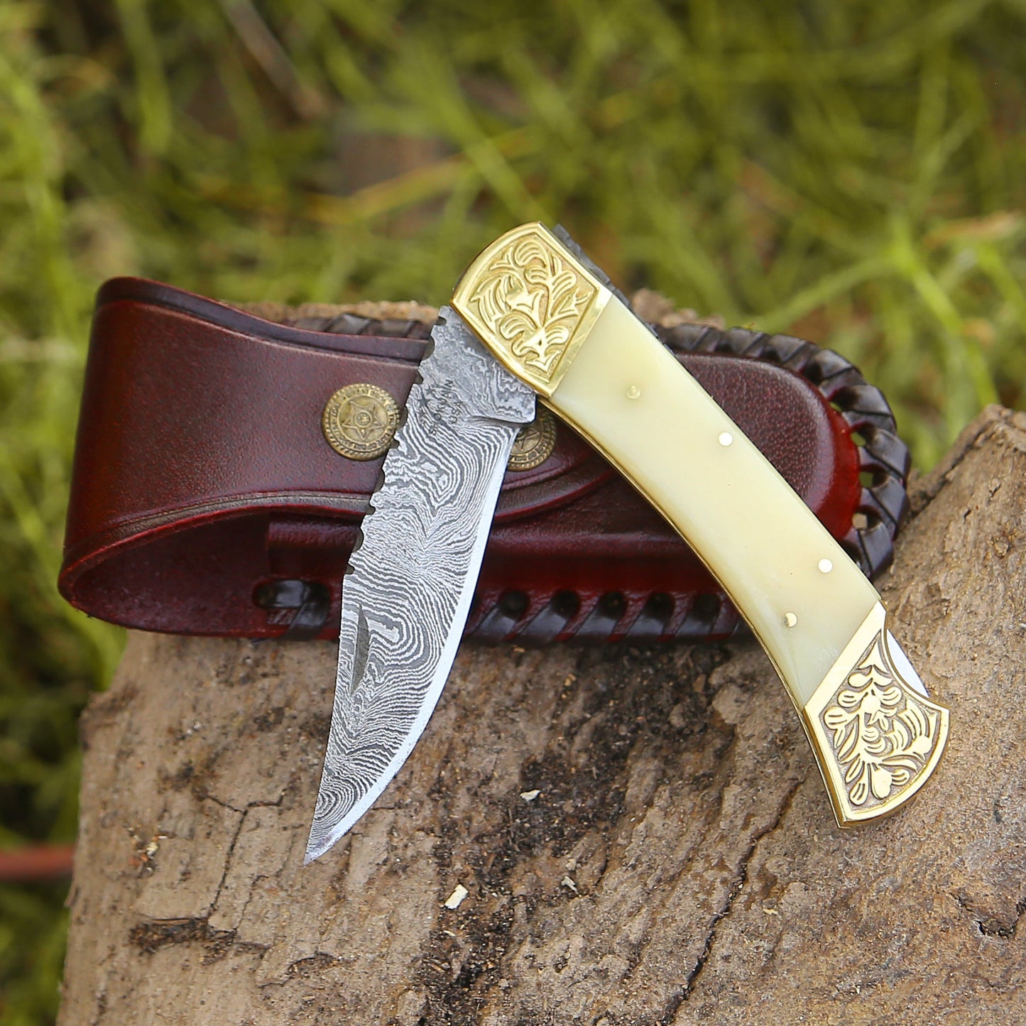 Stormedge Handmade Damascus EDC Pocket Knife with Leather Sheath & Bone Handle