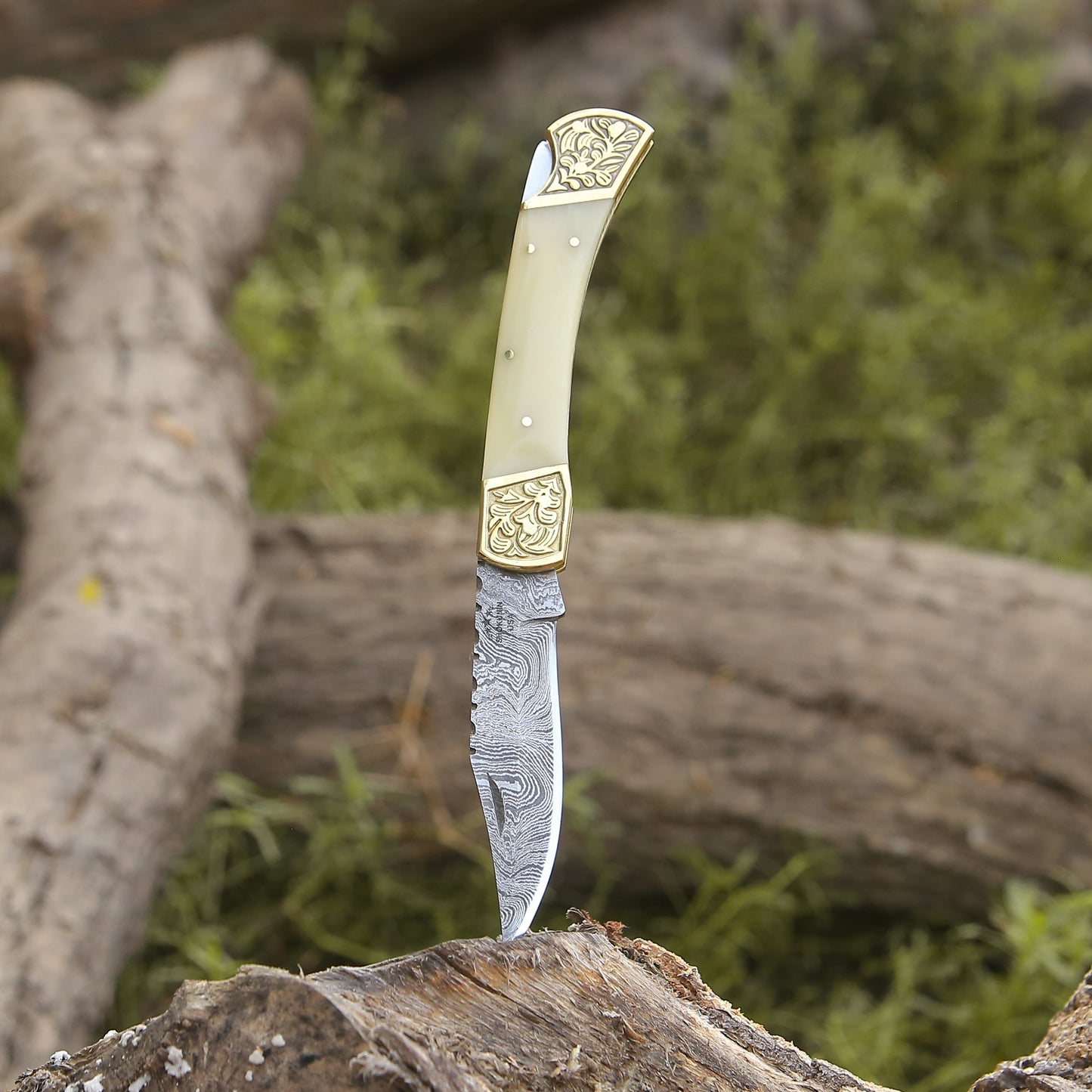 Stormedge Handmade Damascus EDC Pocket Knife with Leather Sheath & Bone Handle