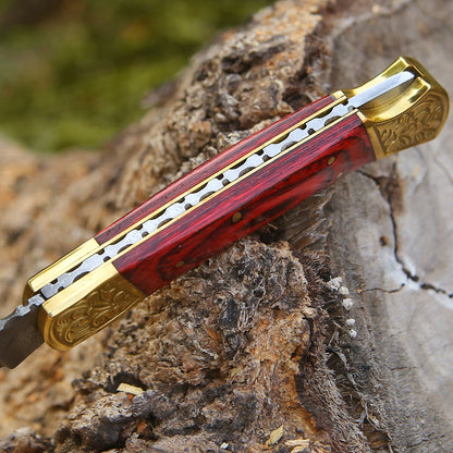 Edgefire Handmade Damascus EDC Utility Folding Knife with Leather Sheath & Pakka wood