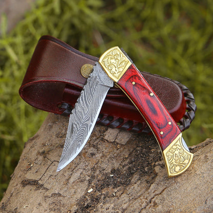 Edgefire Handmade Damascus EDC Utility Folding Knife with Leather Sheath & Pakka wood