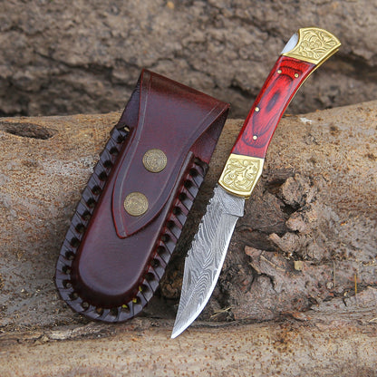 Edgefire Handmade Damascus EDC Utility Folding Knife with Leather Sheath & Pakka wood