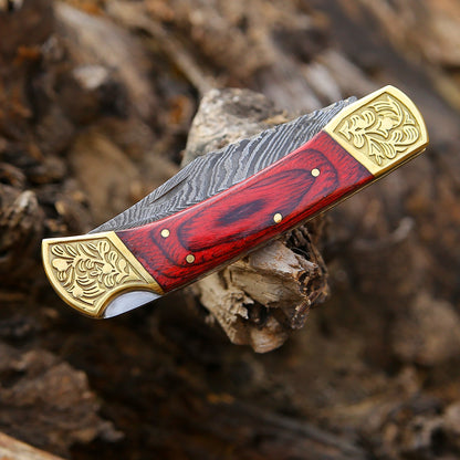 Edgefire Handmade Damascus EDC Utility Folding Knife with Leather Sheath & Pakka wood