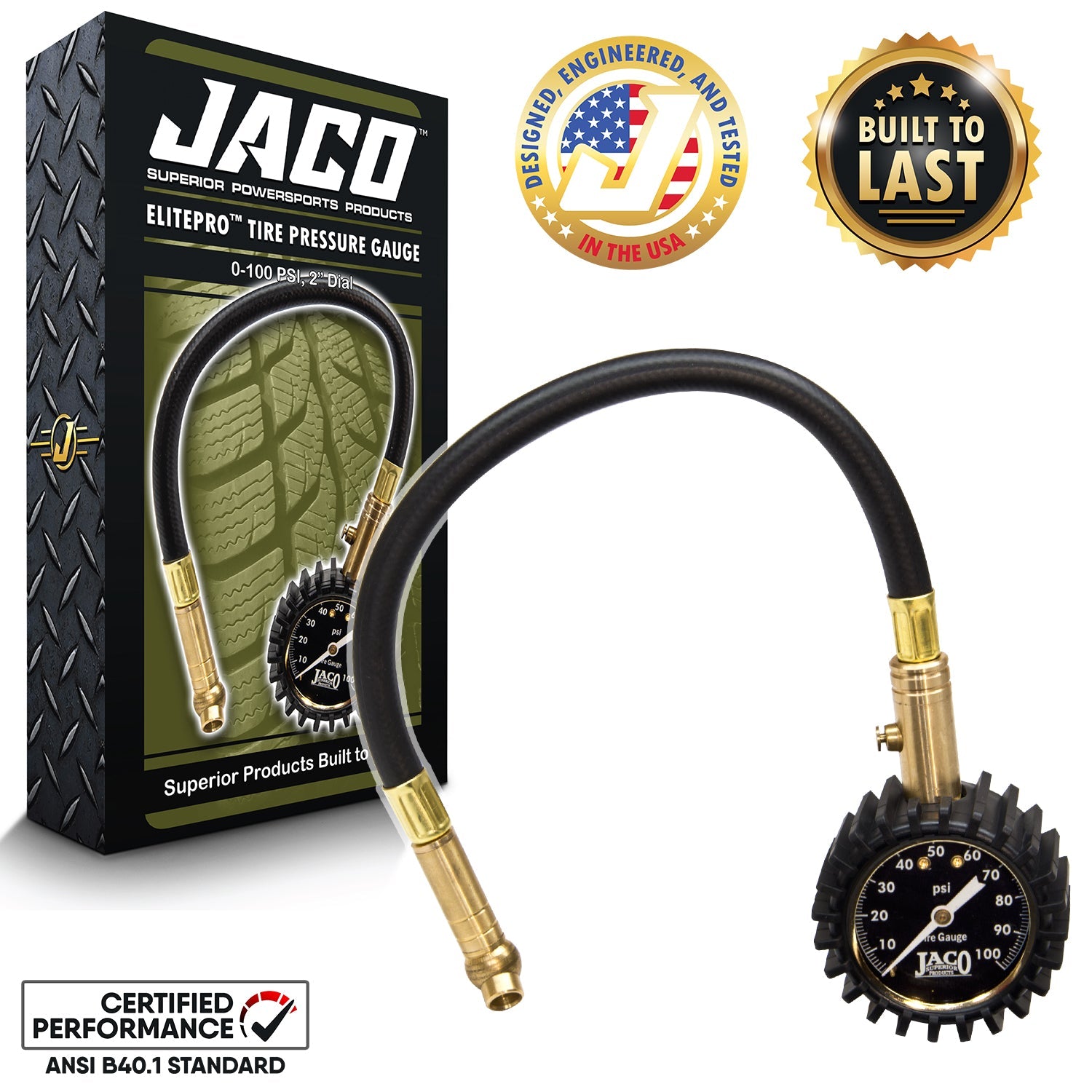 Glow In Dark Dial JACO ElitePro Tire Pressure Gauge - 100 PSI Glow Dial With Air Bleeder Valve 100 PSI Pressure Meter Glow In Dark Dial JACO ElitePro Tire Pressure Gauge - 100 PSI Glow Dial With Air Bleeder Valve 100 PSI Pressure Meter