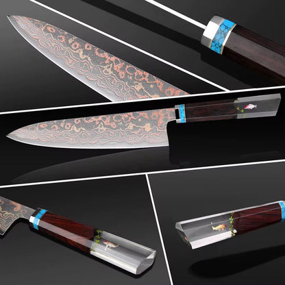 Noble Copper & Cobalt Alloy Damascus Chef Knife with Exotic Bloodwood & Resin Handle