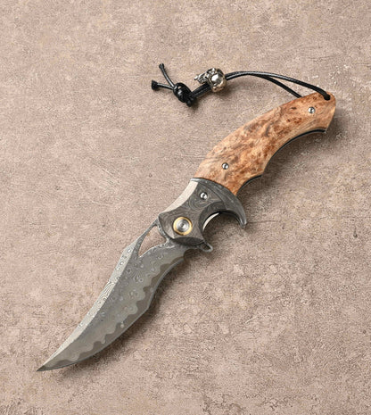 Crest Japanese Damascus Pocket knife with Maple Burl Handle