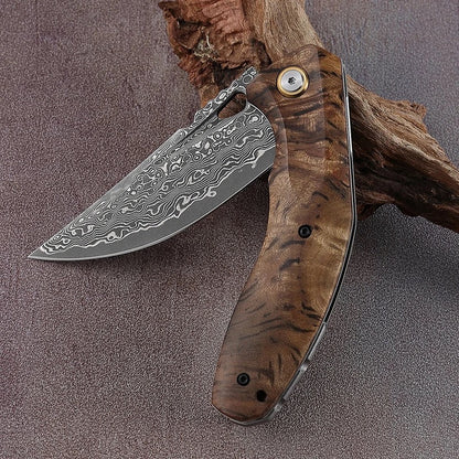 Tomahawk Damascus Pocket Knife with Clip and Exotic Olive Wood Handle