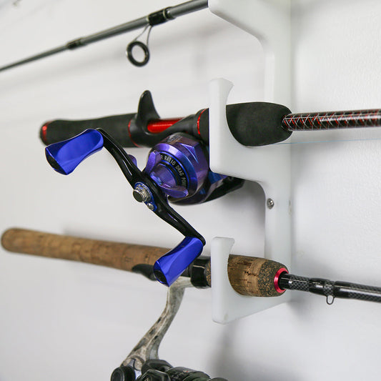 TRAPSKI Fishing Rod/Pole Holder Rack Organizers | Wall or Ceiling Mounted Fishing Rod Rack | Durable Marine Grade HDPE Plastic | Fishing Pole Holder Holds up to 6 or 12 + Stackable Storage