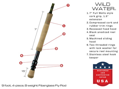 Fly Fishing Kit with Fiberglass Rod, 8wt | 9ft | 4-Piece | Wild Water Fly Fishing