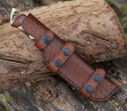 Sentinel Gut Hook Hunting Knife With Stag Horn & Exotic Rose Wood Mosaic Handle