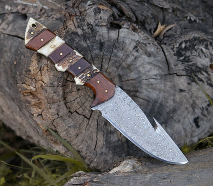 Sentinel Gut Hook Hunting Knife With Stag Horn & Exotic Rose Wood Mosaic Handle