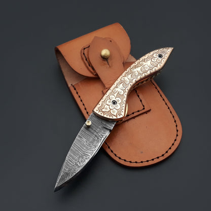 Pixel Copper Damascus Pocket Knife with Engraved Copper Handle