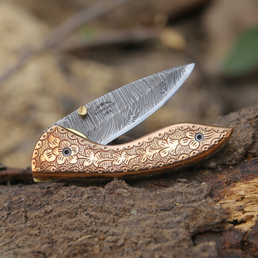 Pixel Copper Damascus Pocket Knife with Engraved Copper Handle