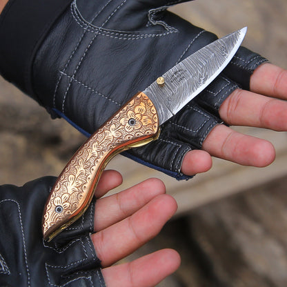 Pixel Copper Damascus Pocket Knife with Engraved Copper Handle