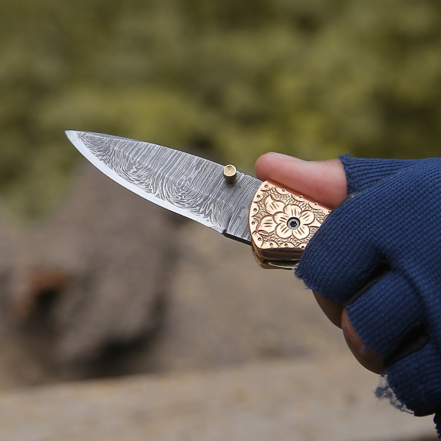 Pixel Copper Damascus Pocket Knife with Engraved Copper Handle
