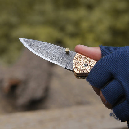 Pixel Copper Damascus Pocket Knife with Engraved Copper Handle