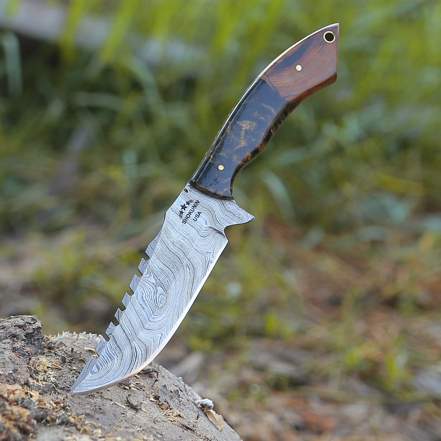 Morph Damascus Knife with Exotic Rose Wood & Resin Handle