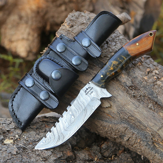 Morph Damascus Knife with Exotic Rose Wood & Resin Handle