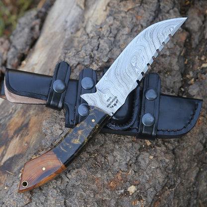 Morph Damascus Knife with Exotic Rose Wood & Resin Handle