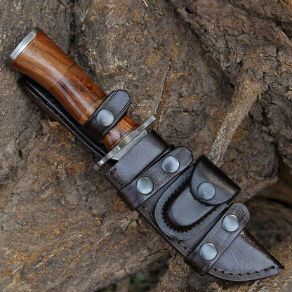 Hornet Custom Damascus Hunting Knife with Exotic Rose Wood Handle & Sheath
