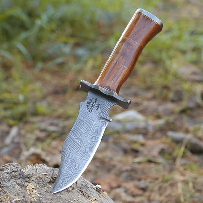 Hornet Custom Damascus Hunting Knife with Exotic Rose Wood Handle & Sheath