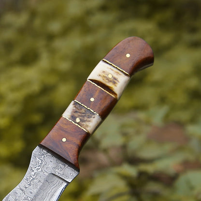 Mangler Damascus Hunting Knife with Rose Wood & Stag Horn Handle