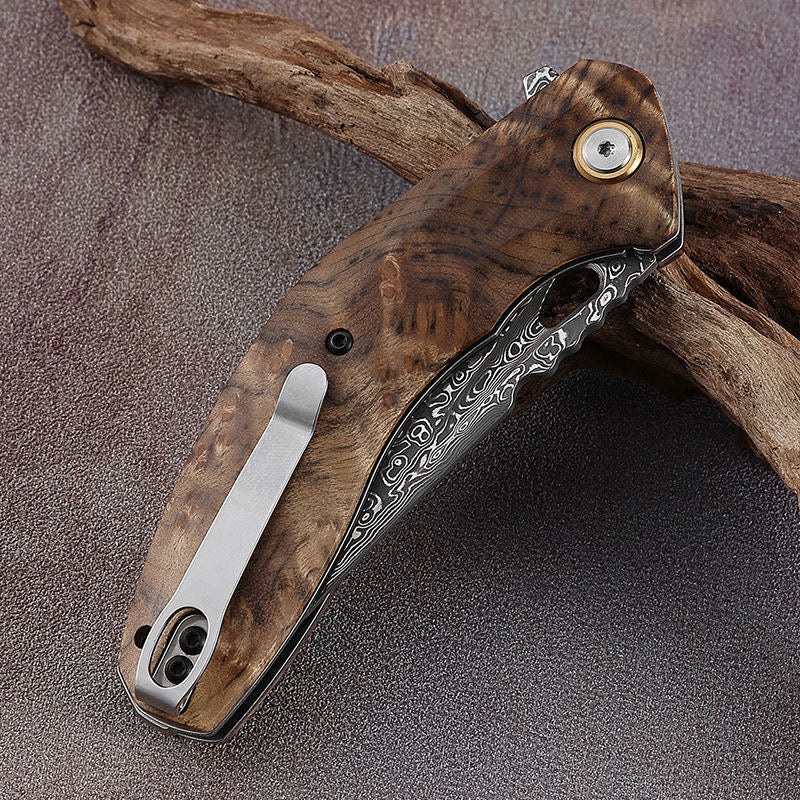 Tomahawk Damascus Pocket Knife with Clip and Exotic Olive Wood Handle