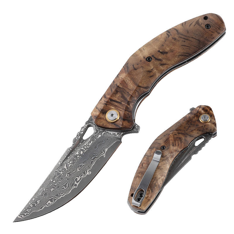 Tomahawk Damascus Pocket Knife with Clip and Exotic Olive Wood Handle