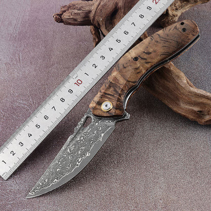 Tomahawk Damascus Pocket Knife with Clip and Exotic Olive Wood Handle