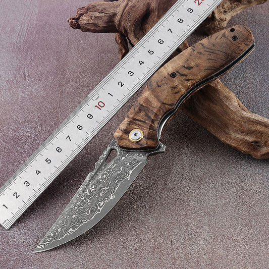 Tomahawk Damascus Pocket Knife with Clip and Exotic Olive Wood Handle