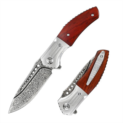 Ironbark Japanese Pocket Knife With VG-10 Damascus & Exotic Red Sandalwood Handle, Clip & Sheath