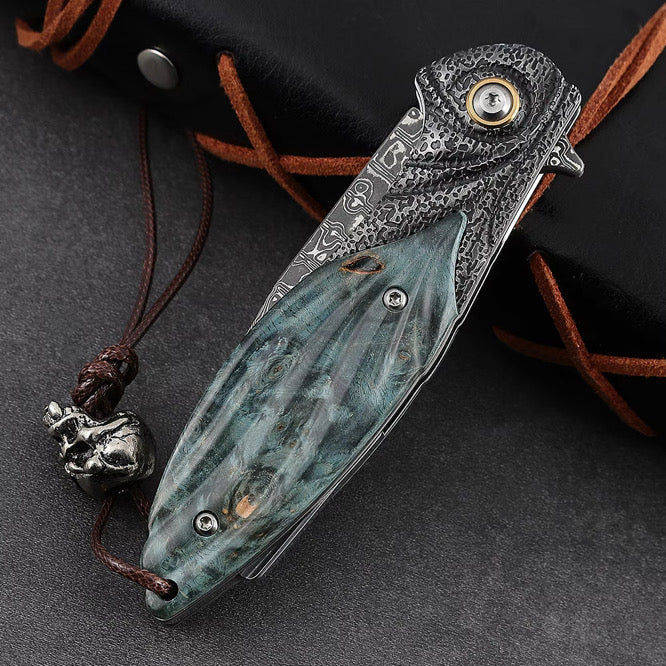 Viper Japanese Damascus Pocket Knife with Stained Maple Burl Handle