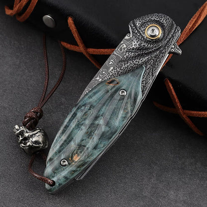 Viper Japanese Damascus Pocket Knife with Stained Maple Burl Handle