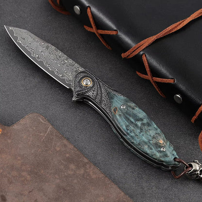 Viper Japanese Damascus Pocket Knife with Stained Maple Burl Handle
