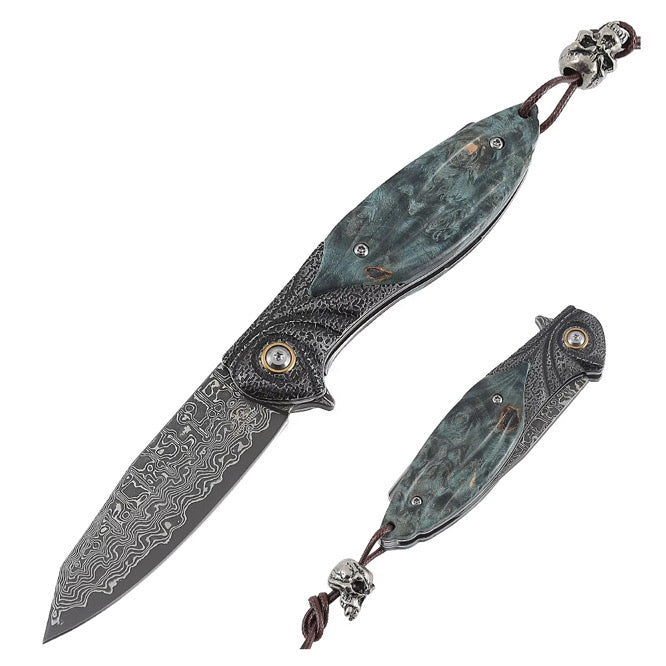 Viper Japanese Damascus Pocket Knife with Stained Maple Burl Handle