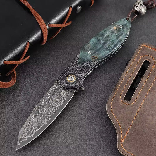 Viper Japanese Damascus Pocket Knife with Stained Maple Burl Handle