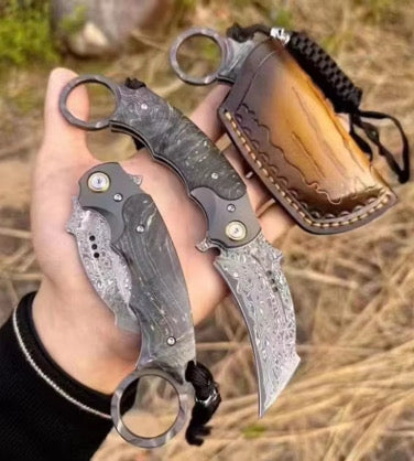 Falcon Japanese Damascus Pocket Knife with Exotic Stained Maple Burl Handle