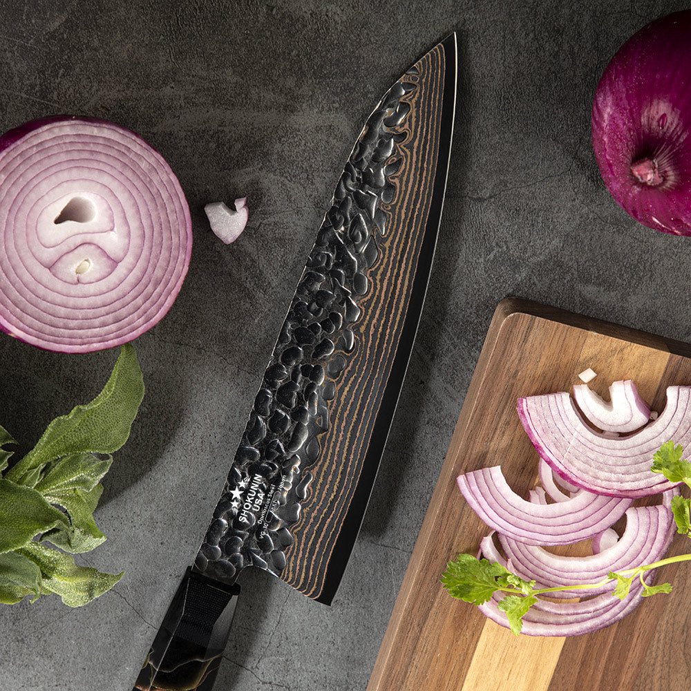 Majestic Japanese Copper Damascus Chef Knife with Rare Raffir Noble Handle Handle