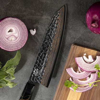 Majestic Japanese Copper Damascus Chef Knife with Rare Raffir Noble Handle Handle