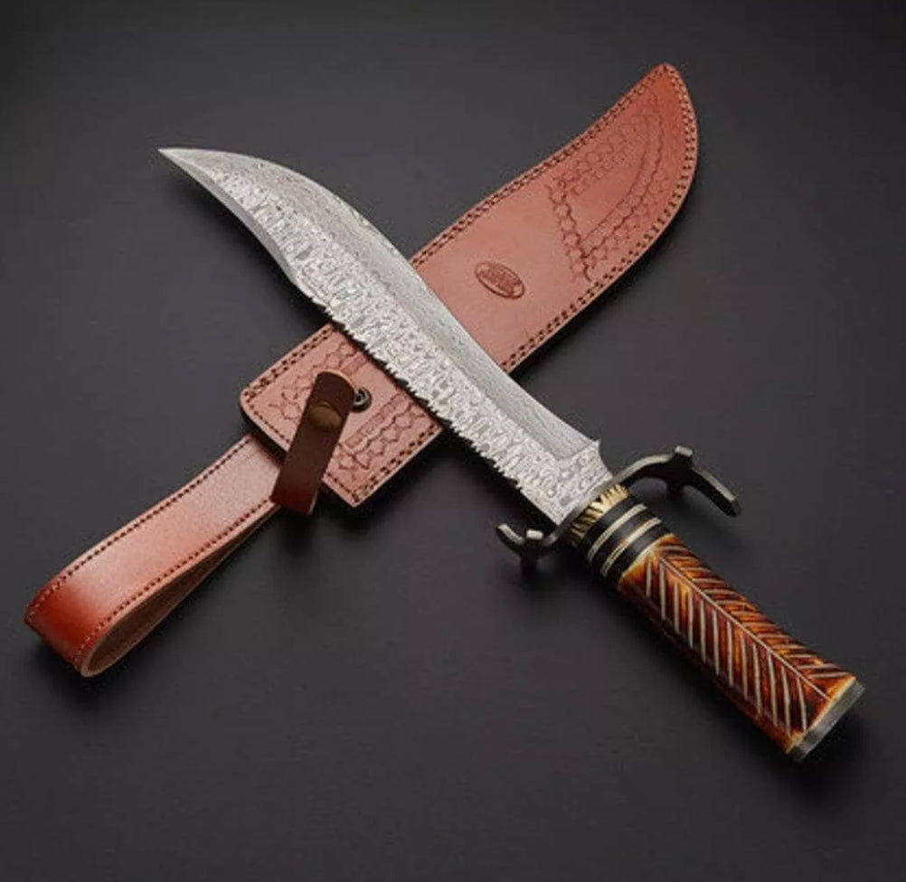 Rubble Damascus Steel Bowie Knife with Bone Handle & Sheath