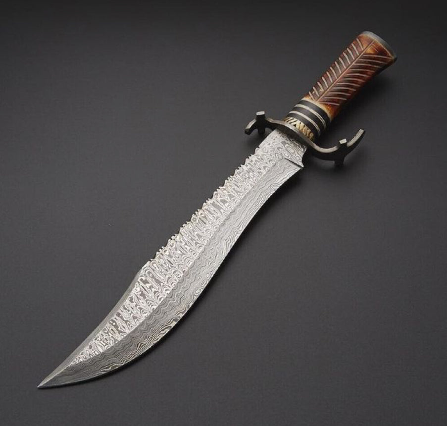 Rubble Damascus Steel Bowie Knife with Bone Handle & Sheath