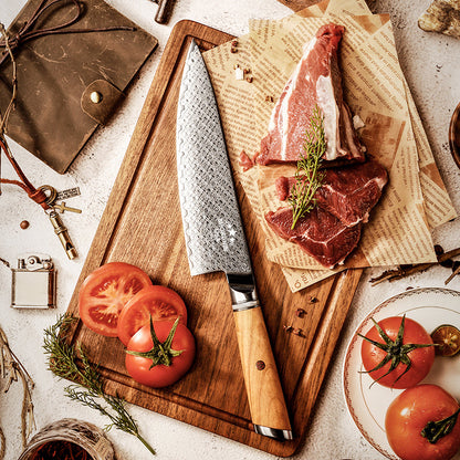 HyperEdge Damascus Chef Knife with Pine Cone Handle & Sheath