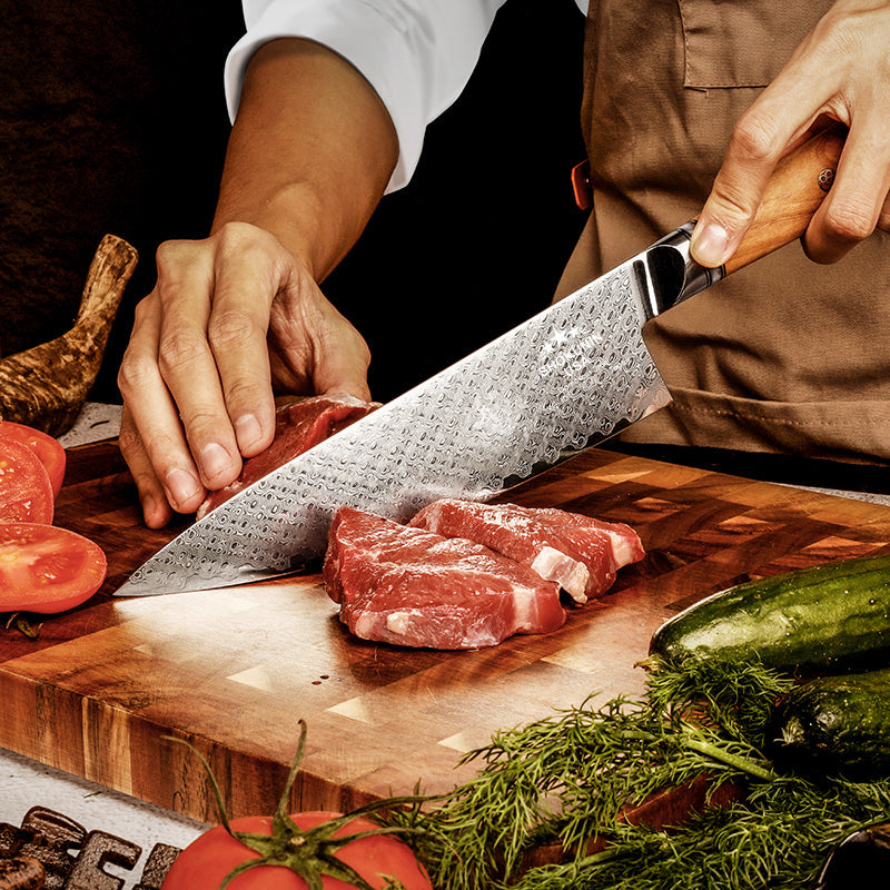 HyperEdge Damascus Chef Knife with Pine Cone Handle & Sheath