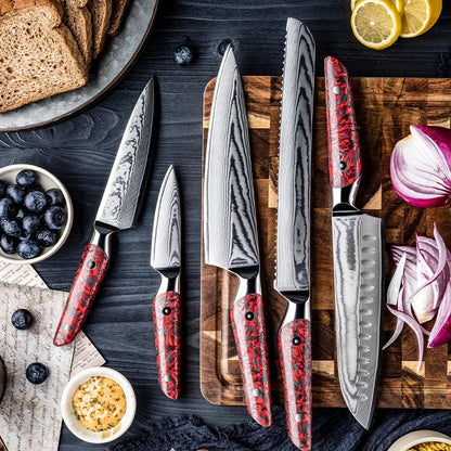 Jade Japanese Chef's Knife Set with Vg-10 Damascus Steel & Red Carbon Fiber Handle