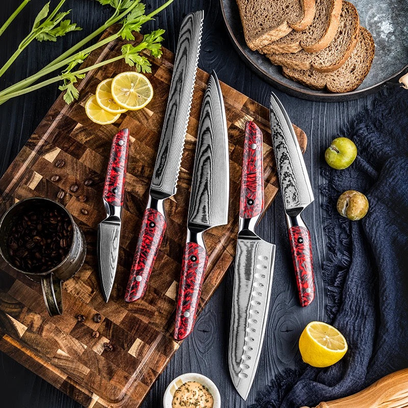 Jade Japanese Chef's Knife Set with Vg-10 Damascus Steel & Red Carbon Fiber Handle